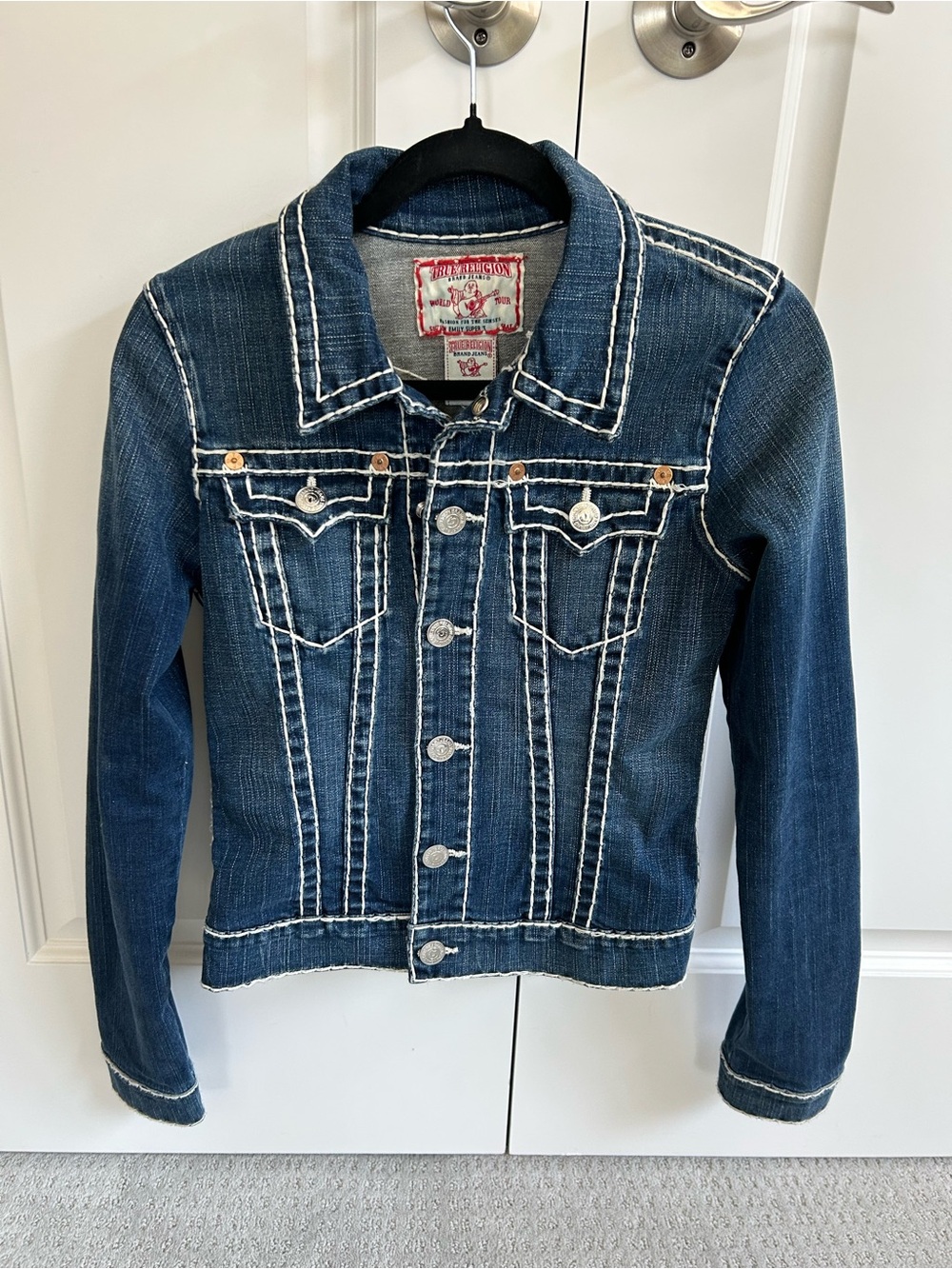 True Religion Dark Blue Denim Jacket with White Contrast Stitching